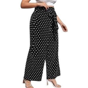 Lane Bryant Polka Dot‎ Wide Leg Palazzo Pants Paperbag Waist Tie Black White